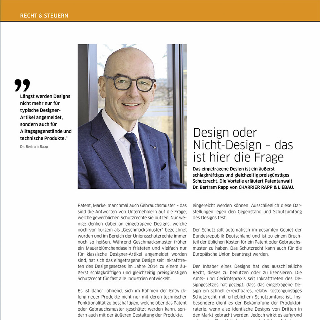 Patentanwalt Dr. Bertram Rapp: "Design oder Nicht-Design – das ist hier die Frage"